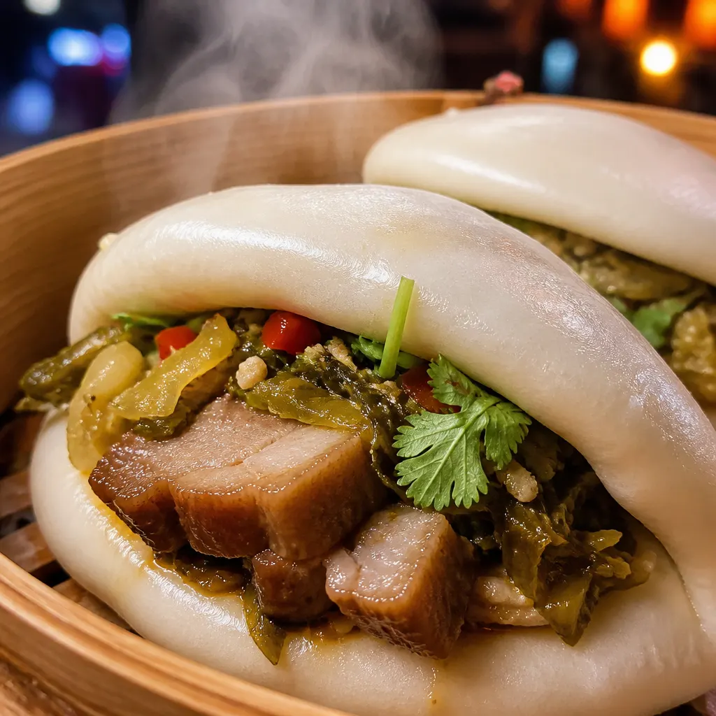 Steaming pork bao buns in a bamboo steamer