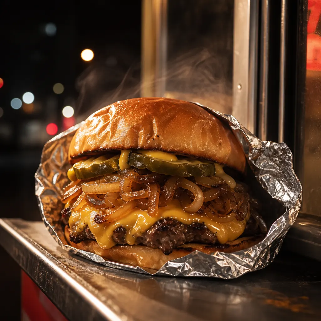 A smash burger wrapped in foil on a food-truck ledge