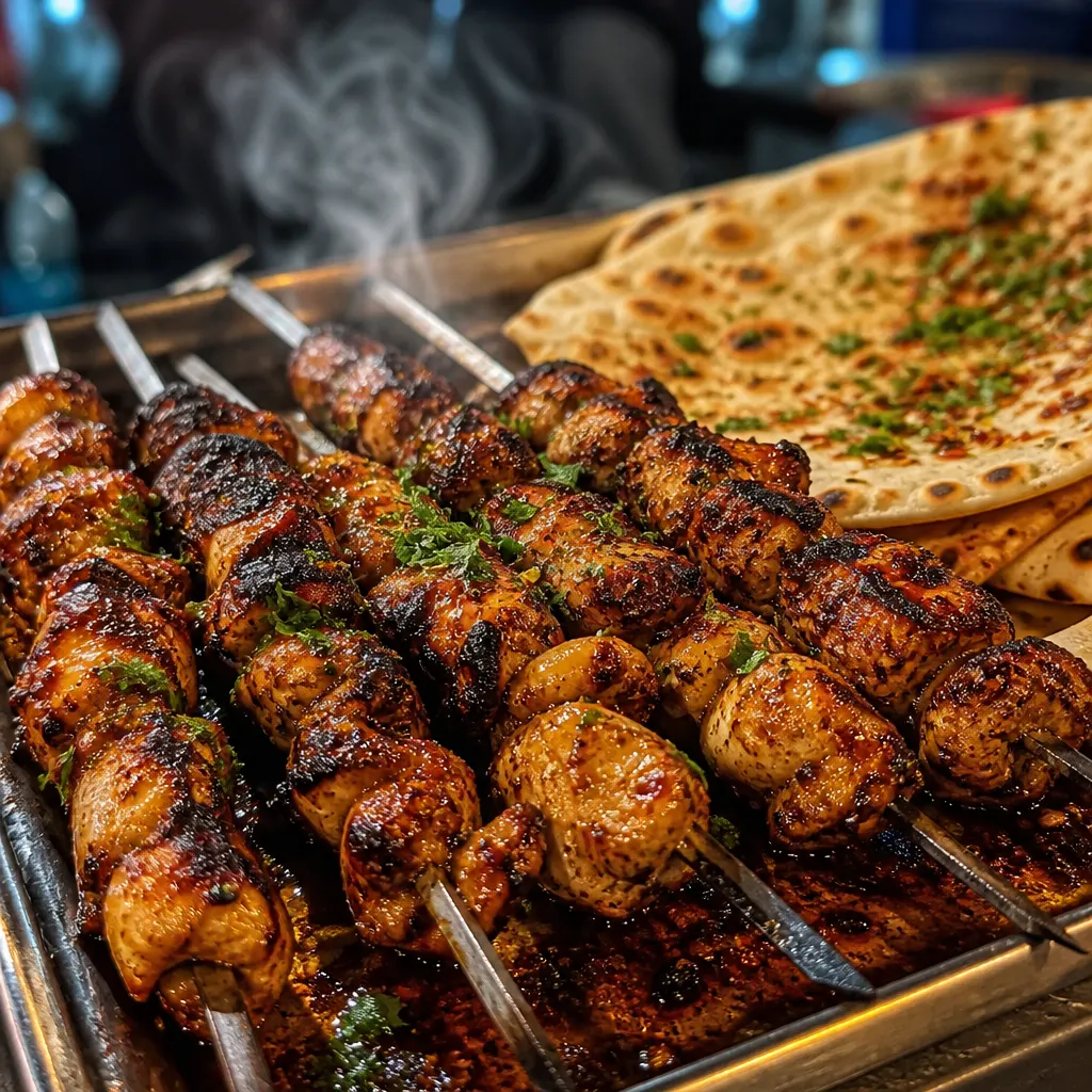 Charred kebab skewers with herbs and chili oil