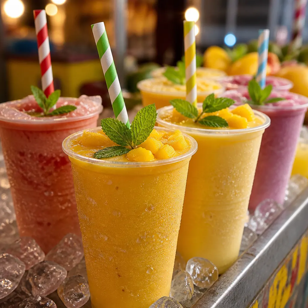 Mango lassi and fruit smoothies on a cart counter