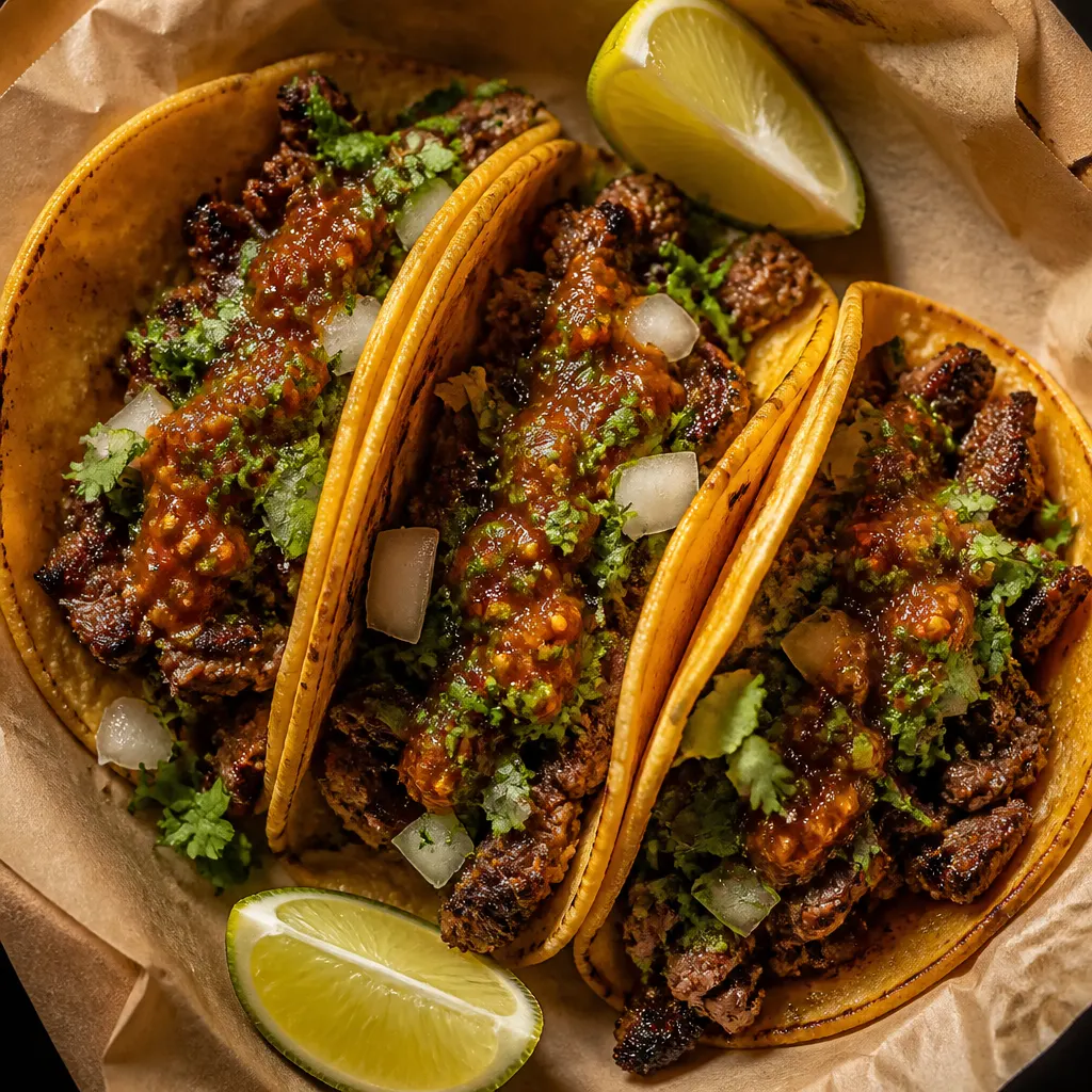 Street tacos with cilantro, onion, and lime