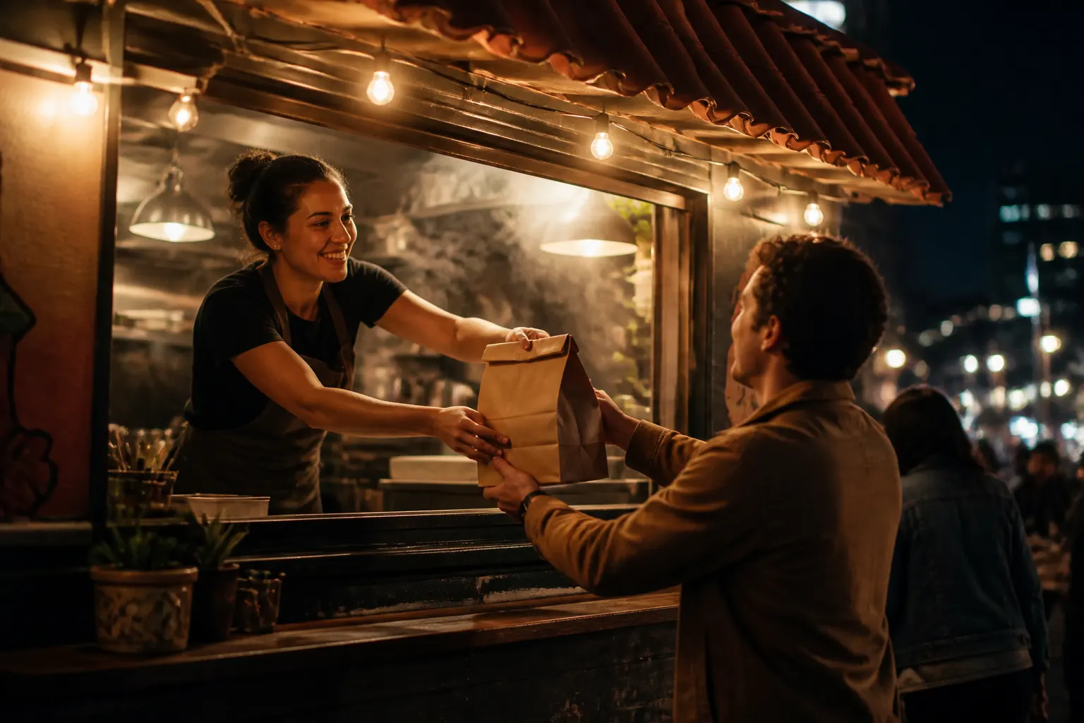 A food-truck serving window at night